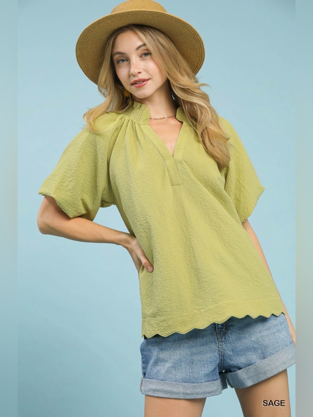 Umgee Scalloped Hem Textured Blouse